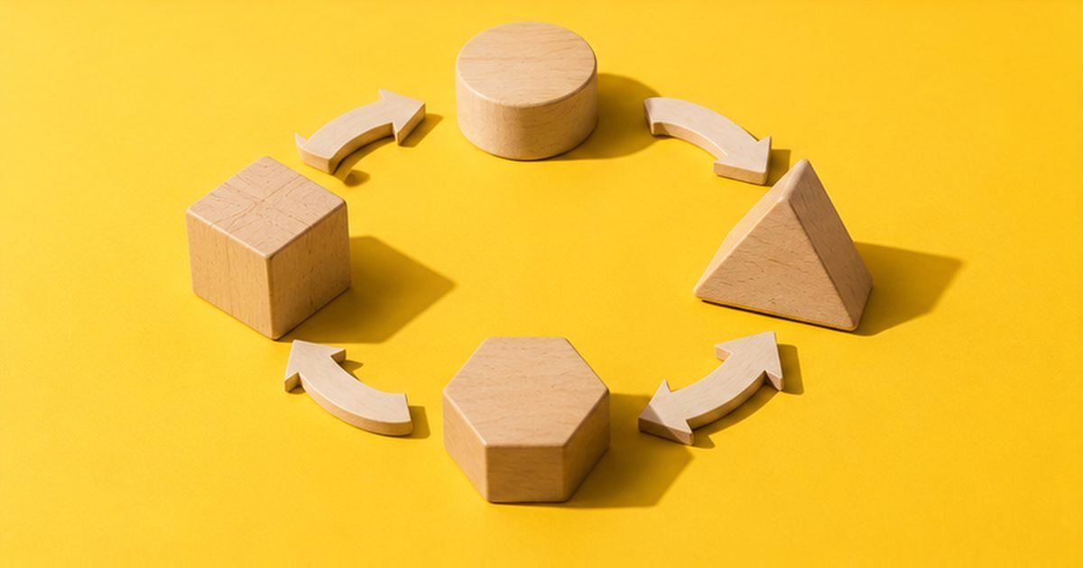 Cuatro piezas de madera de distinta forma dispuestas en círculo y unidas por flechas de madera que marcan un ciclo